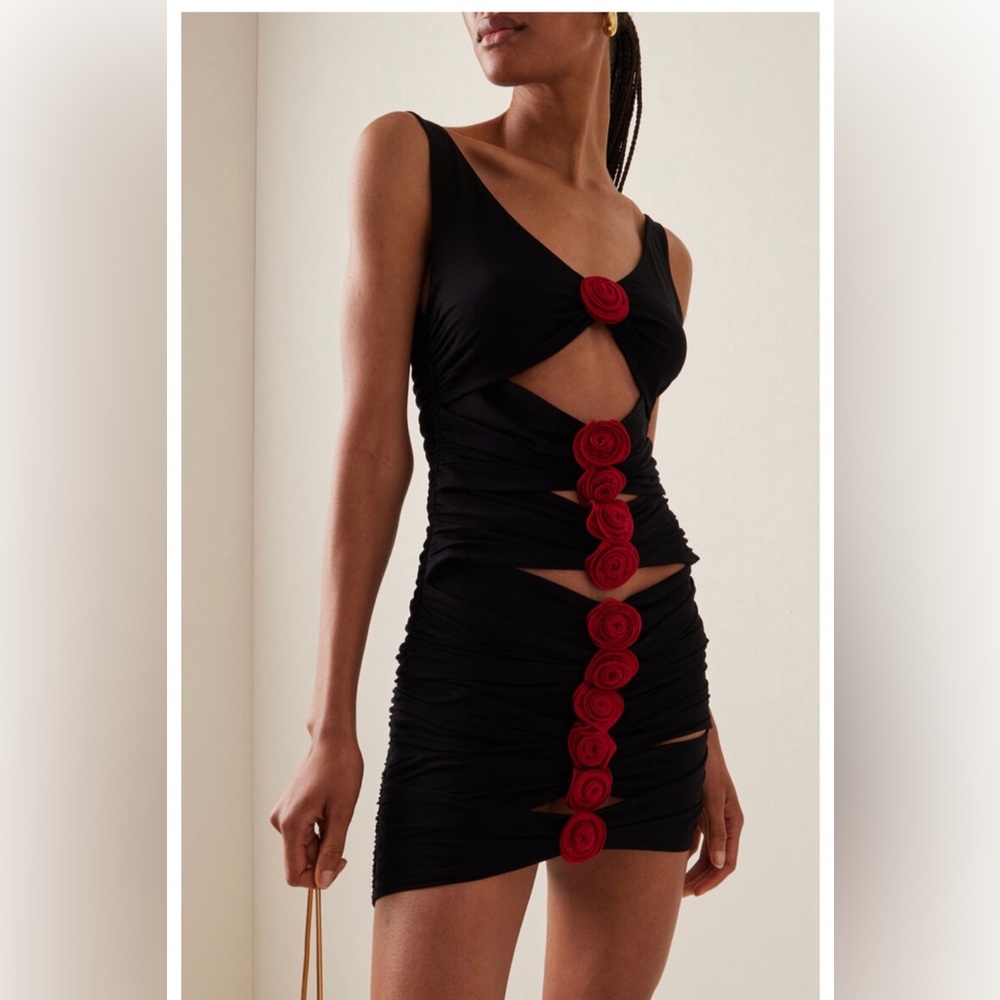 Magda Butrym Black Mini Dress With Signature Rose Appliqué In Viscose Woman